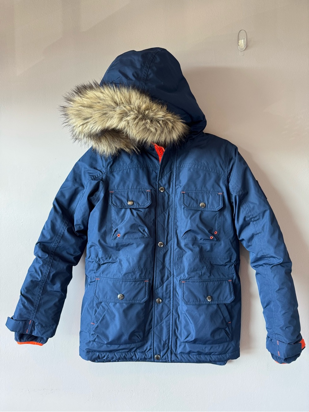 Lands End Navy Down Feather Faux Fur Hood Sherpa Puff Jacket Winter Coat 10-12